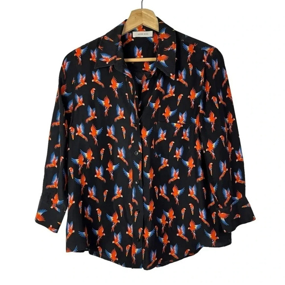 Anine Bing Black Billie Silk Parrot Print Long Sleeve Button Down XS - Picture 2 of 6